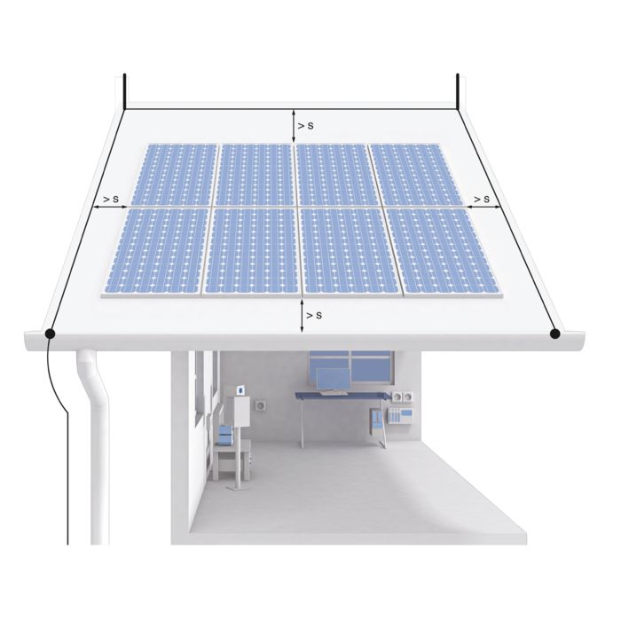 Dach mit PV-Anlage und eingezeichnetem Trennungsabstand „s“