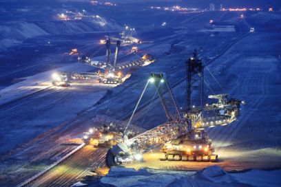 Aerial view of mining showing machinery at work