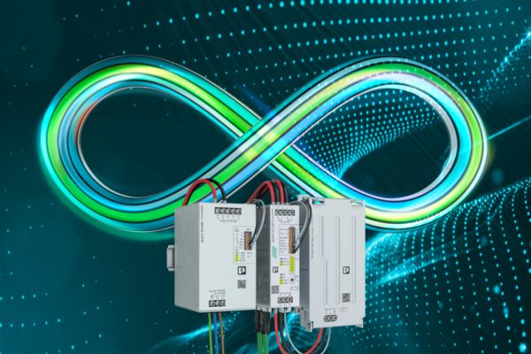 Simbolo dell'infinito nei colori di Phoenix Contact con i prodotti della famiglia di alimentatori QUINT
