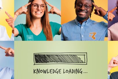 Menschen zeigen das Gewusst-wie-Zeichen und Ladebalken Knowledge Loading