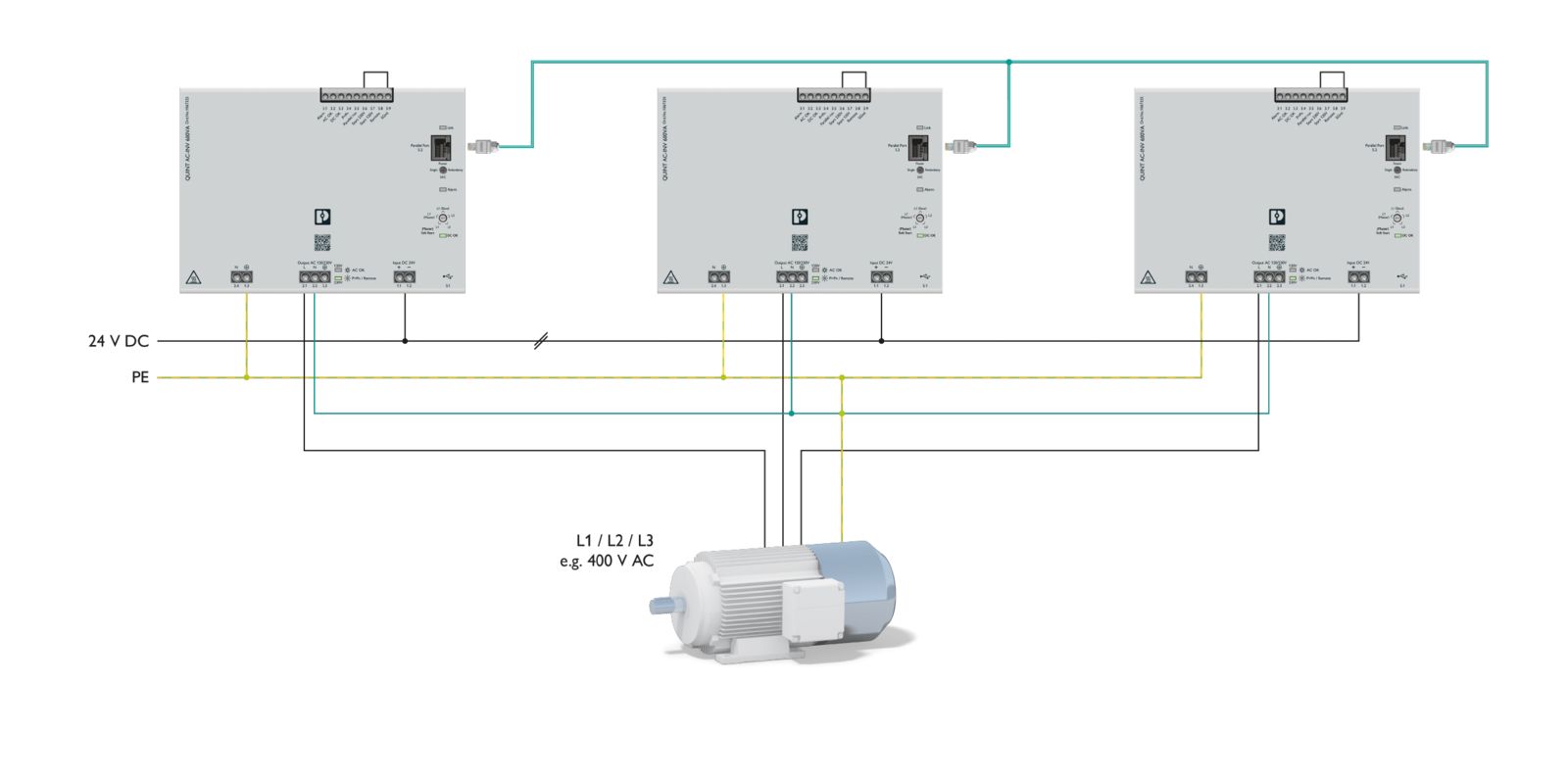 3-fasig net met de QUINT DC/AC-inverter