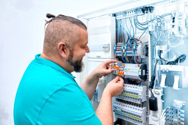 Electrician installing a relay system in the control cabinet