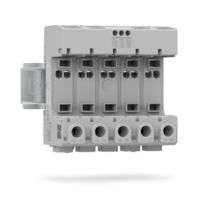 Empty surge protection base element for protecting inverters for three MPP trackers, mounted on a DIN rail