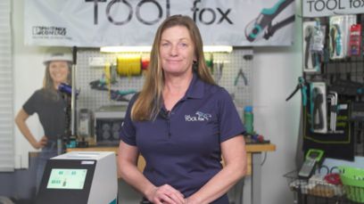 Video thumbnail showing Maria standing beside the feature product in a workshop, a banner behind her says "TOOL fox"