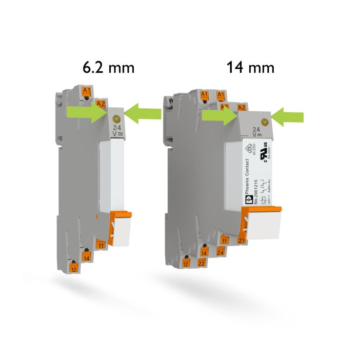 PLC-INTERFACE relays with an overall width of 6.2 mm or 14 mm