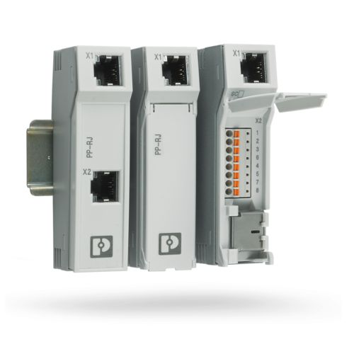Three Ethernet patch panels on one DIN rail