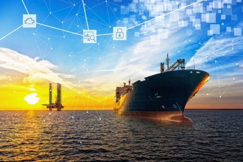 Ship at sea with networked digital icons