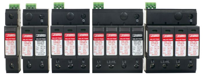 DIN rail-mountable surge protection for American supply system configurations in different circuit versions