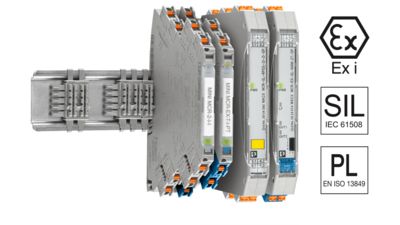 Acondicionadores de señal y transductores de medida Macx Analog y Mini Analog Pro en carril DIN con logotipo de Ex i, SIL y PL