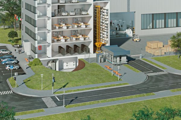 Egy ipari épület renderelése az egyes emeletek látványával
