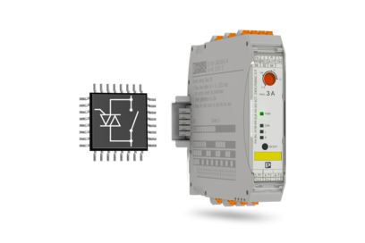 CONTACTRON hybrid motor starter on a DIN rail and switch symbol