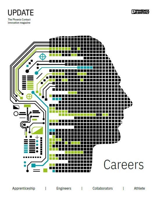 The cover of UPDATE magazine Issue 2, featuring a geometric silhouetted side-view of a person's head made of tiny black squares that transition into green and teal colored circuitry
