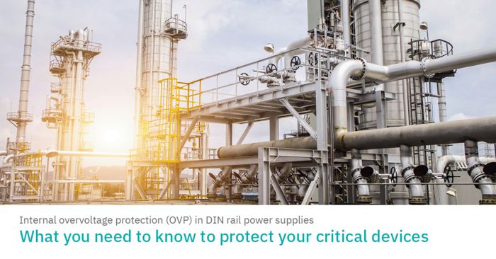 A photograph of an industrial chemical processing plant with pipes and tall structures. The sky is partly cloudy with a sun-like glare to the left. The text overlay reads, ‘Internal overvoltage protection (OVP) in DIN rail power supplies’ and ‘What you need to know to protect your critical devices.’