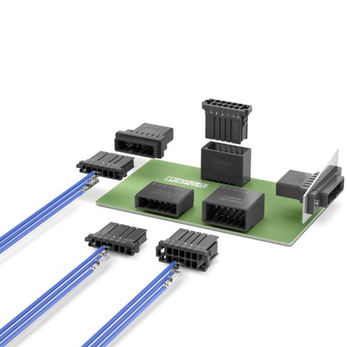 A product image of several PCB connectors on a green board, with blue wires connected from the left