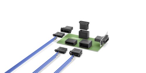 A product image of several PCB connectors on a green board, with blue wires connected from the left
