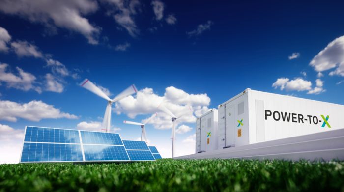 Wind turbine, solar panel, and energy storage with power-to-X inscription